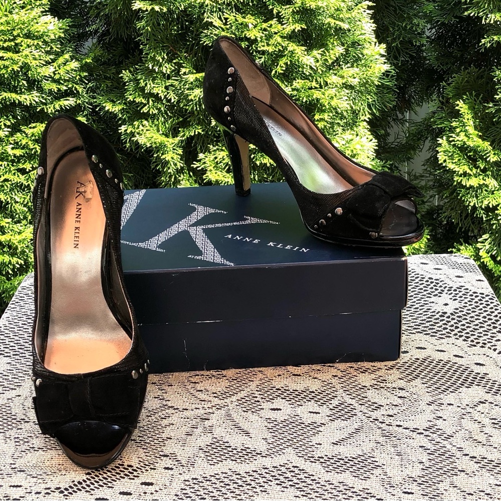 Anne Klein Black Studded Peep Toe Heels